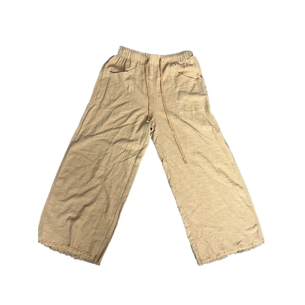 GIGO USA Women Beige Wide Leg Cropped Pants Elastic Waist‎ Frayed Hem Size S